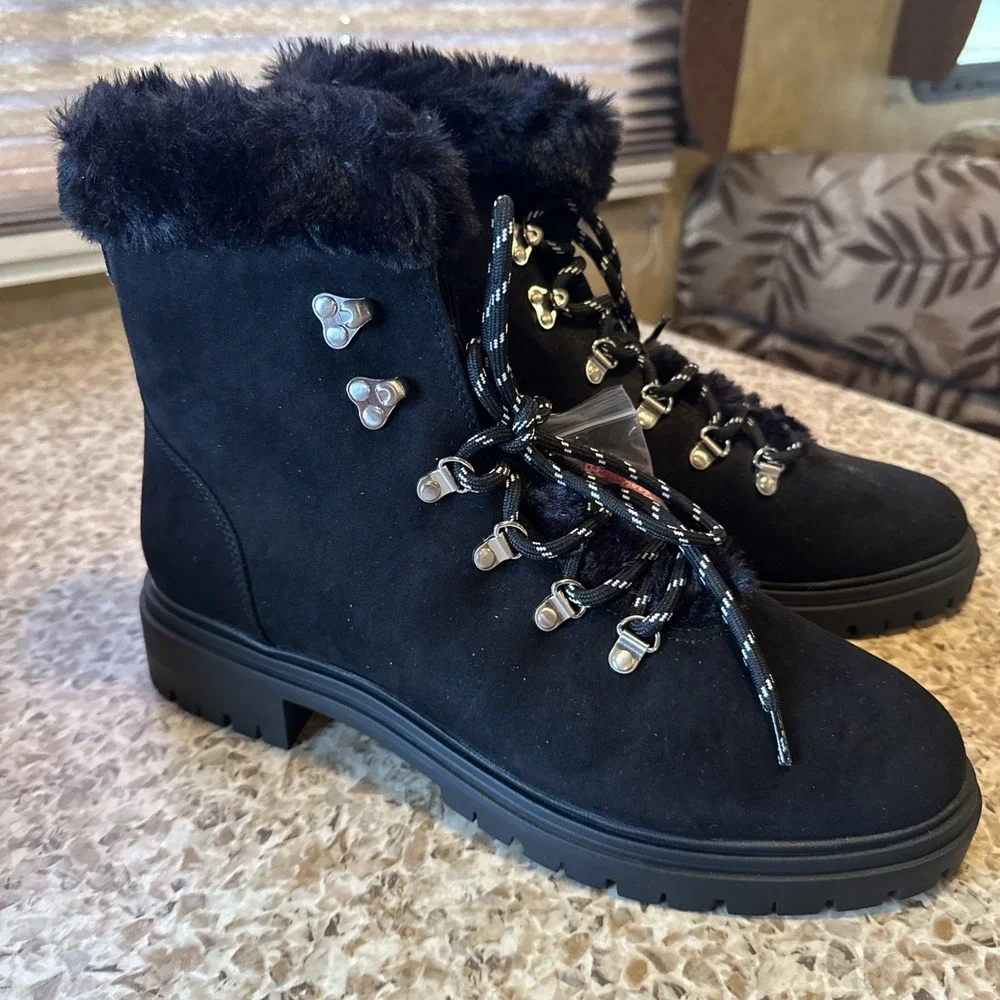J. Crew Women's 10 Black Faux Suede & Fur Lined Winter Hiking Boots Red Laces